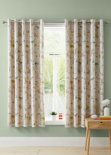 Catherine Lansfield Sleepy Dino Fully Reversible Eyelet Curtains Green