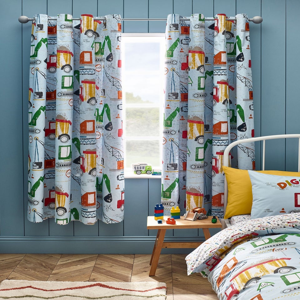 Catherine Lansfield Kids Digger Dreams Fully Reversible Eyelet Curtains Blue