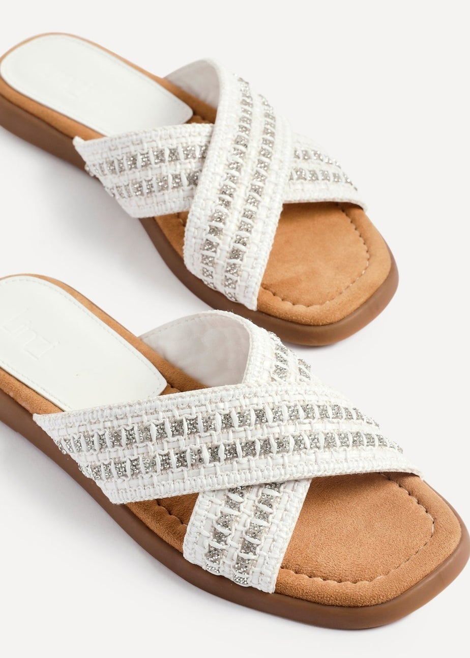 Linzi Genie White Embellished Raffia Flat Slider Sandal