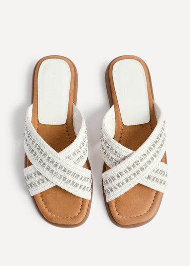 Linzi Genie White Embellished Raffia Flat Slider Sandal