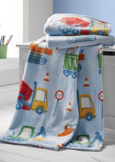 Catherine Lansfield Kids Digger Dreams Cosy Blue Fleece Blanket Throw