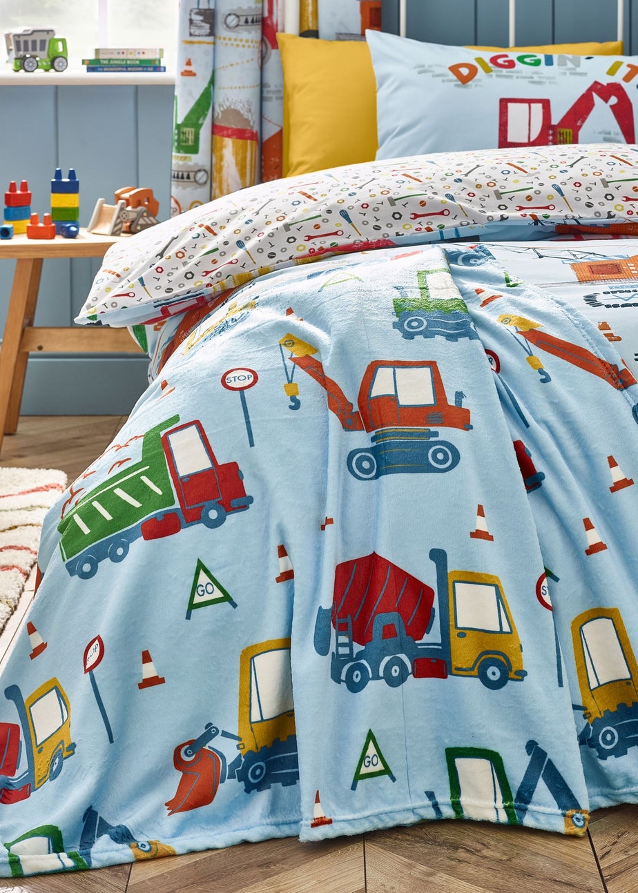 Catherine Lansfield Kids Digger Dreams Cosy Blue Fleece Blanket Throw