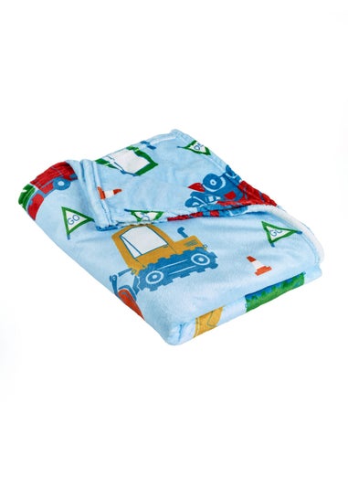 Catherine Lansfield Kids Digger Dreams Cosy Blue Fleece Blanket Throw