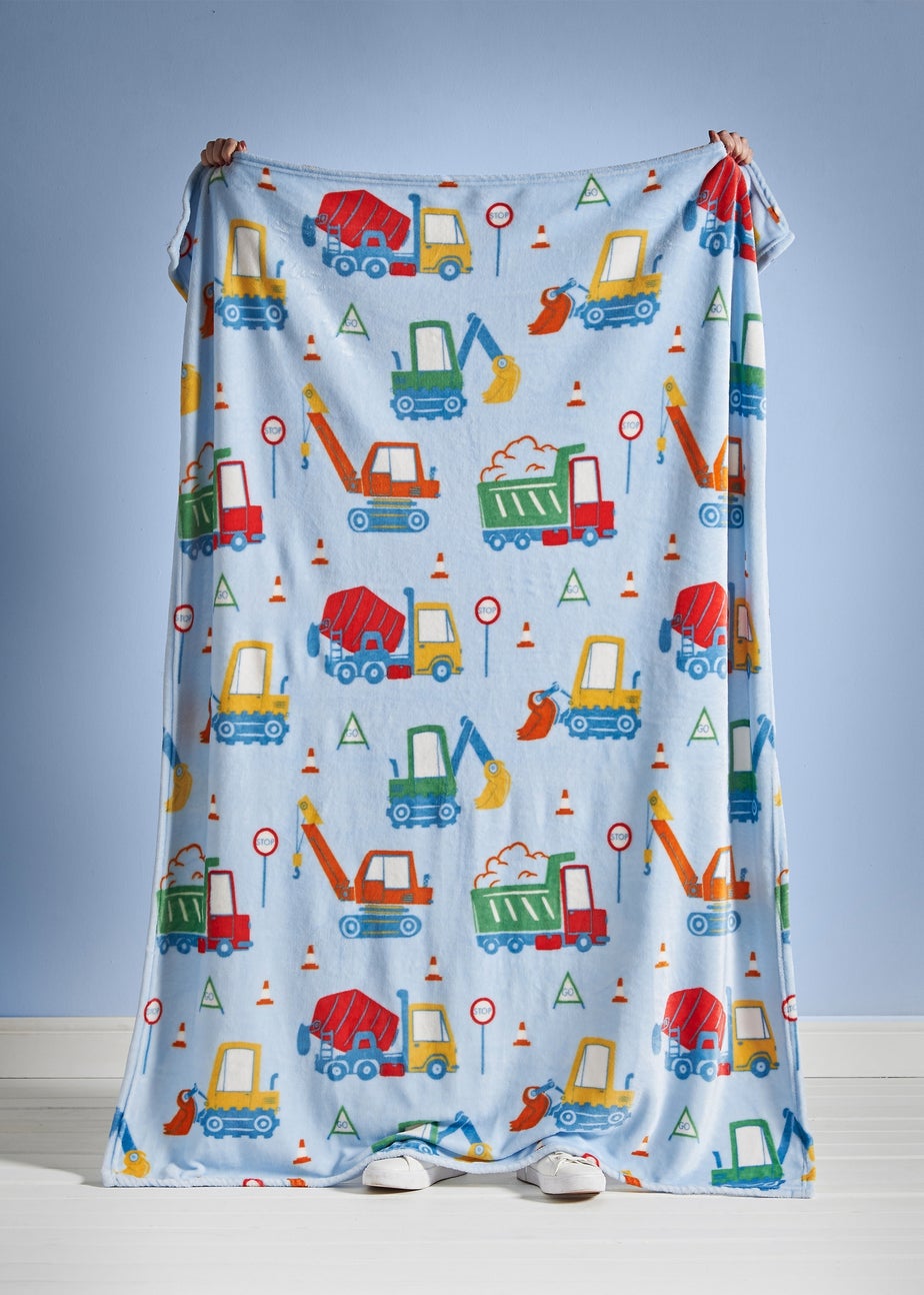 Catherine Lansfield Kids Digger Dreams Cosy Blue Fleece Blanket Throw