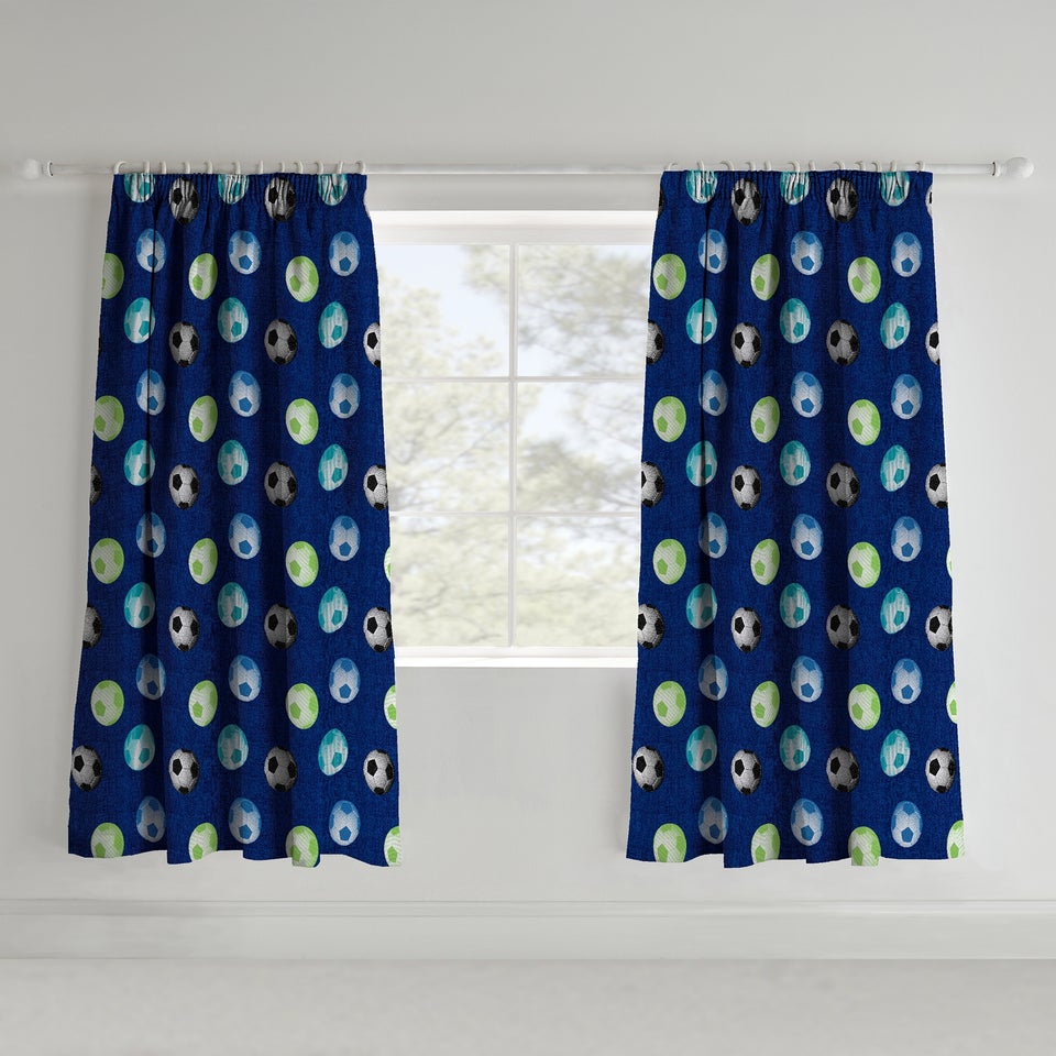 Catherine Lansfield Kids Football Lined Pencil Pleat Curtains Blue