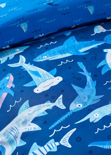 Catherine Lansfield Kids Jawsome Shark Reversible Duvet Cover Set Navy Blue