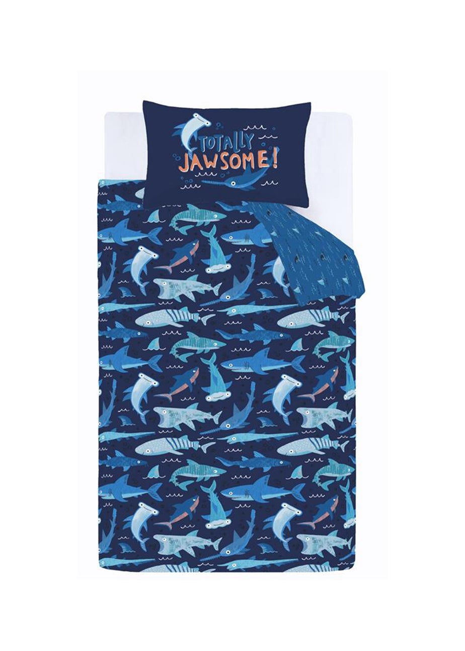 Catherine Lansfield Kids Jawsome Shark Reversible Duvet Cover Set Navy Blue
