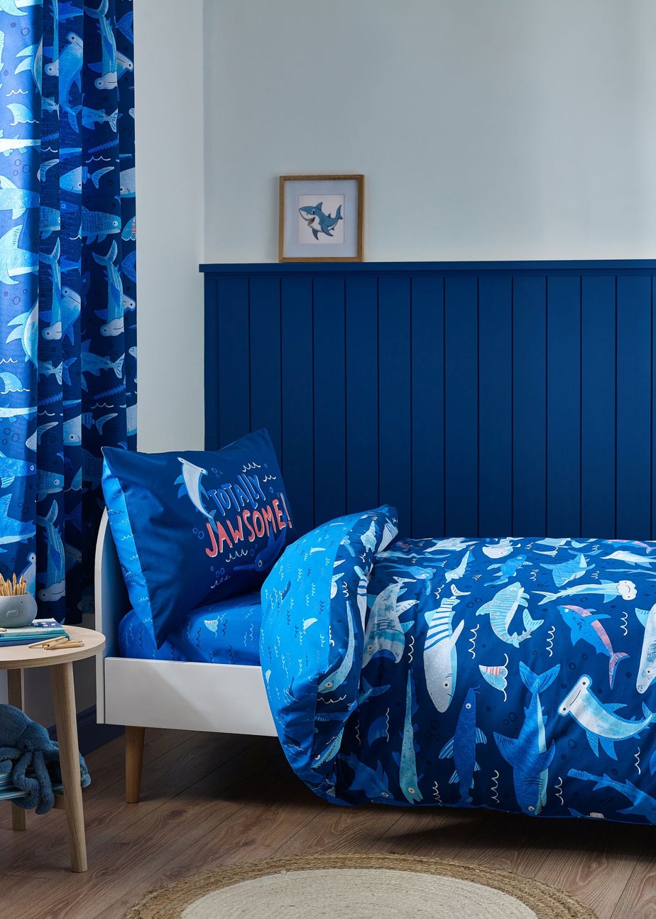 Catherine Lansfield Kids Jawsome Shark Reversible Duvet Cover Set Navy Blue