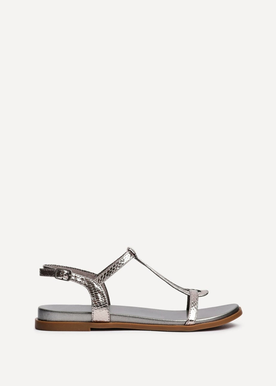 Linzi Saylor Pewter Faux Leather Textured T Bar Sandals
