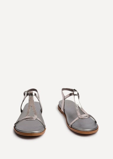 Linzi Saylor Pewter Faux Leather Textured T Bar Sandals