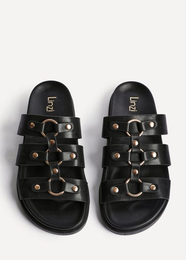 Linzi Marcia Black Faux Leather Studded Gladiator Slip On Sandals