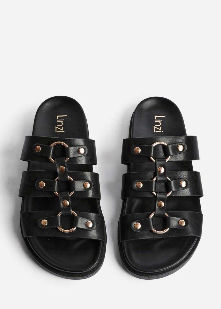 Linzi Marcia Black Faux Leather Studded Gladiator Slip On Sandals