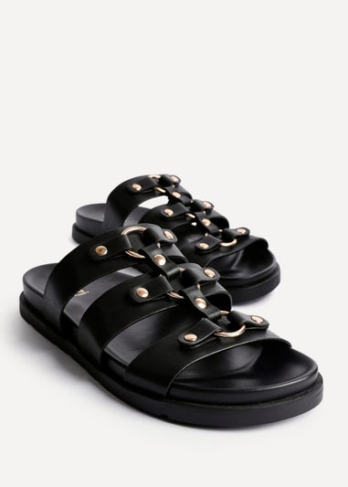 Linzi Marcia Black Faux Leather Studded Gladiator Slip On Sandals
