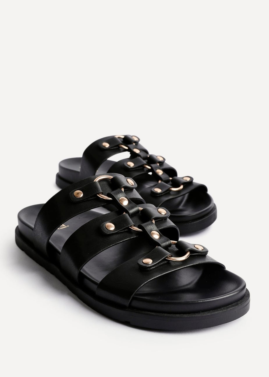 Linzi Marcia Black Faux Leather Studded Gladiator Slip On Sandals