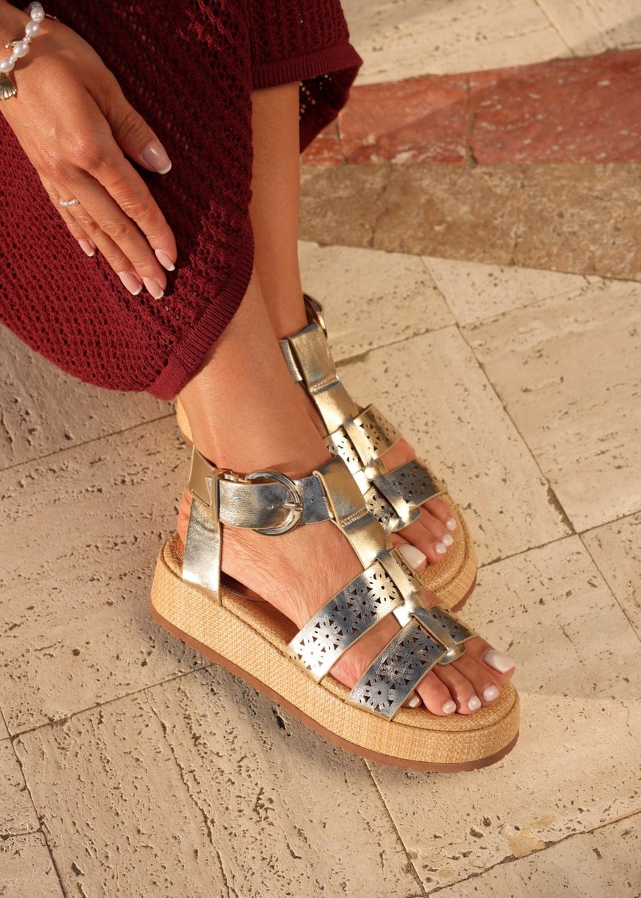 Linzi Sunkissed Gold Faux Leather Gladiator Flatform Sandal