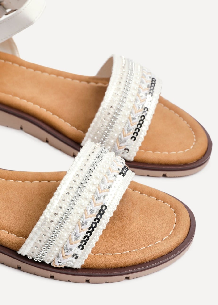 Linzi Halo White Weaved Embellished Flat Sandals