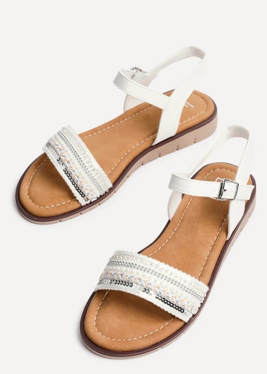 Linzi Halo White Weaved Embellished Flat Sandals