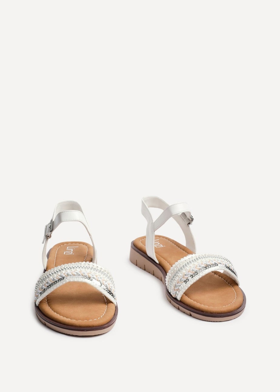 Linzi Halo White Weaved Embellished Flat Sandals