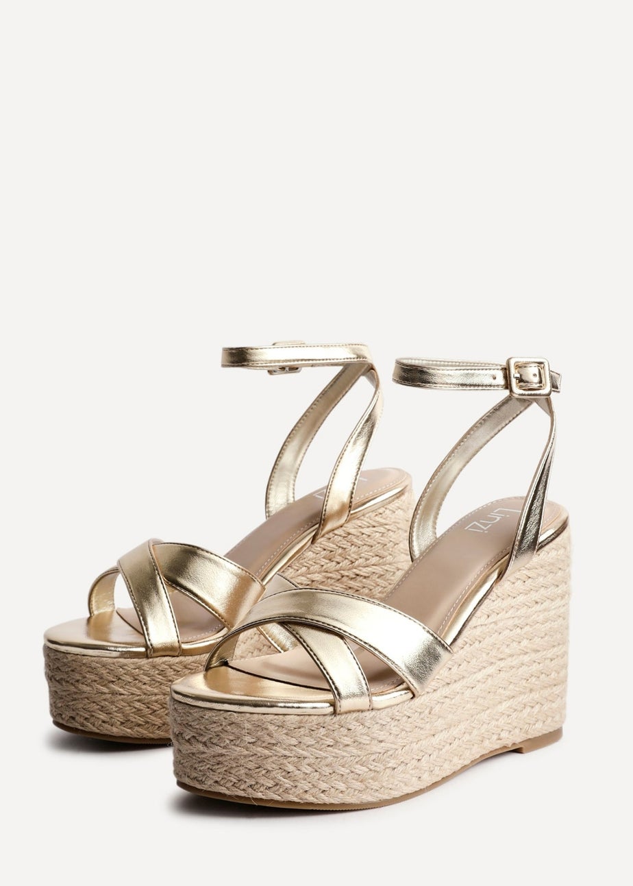 Linzi Tahiti Gold Faux Leather Crossover Espadrille Wedge