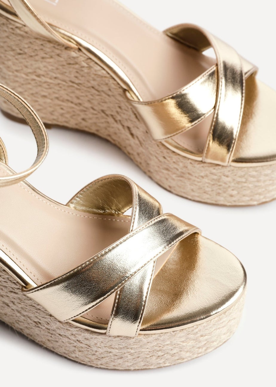 Linzi Tahiti Gold Faux Leather Crossover Espadrille Wedge