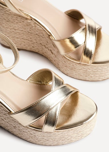 Linzi Tahiti Gold Faux Leather Crossover Espadrille Wedge