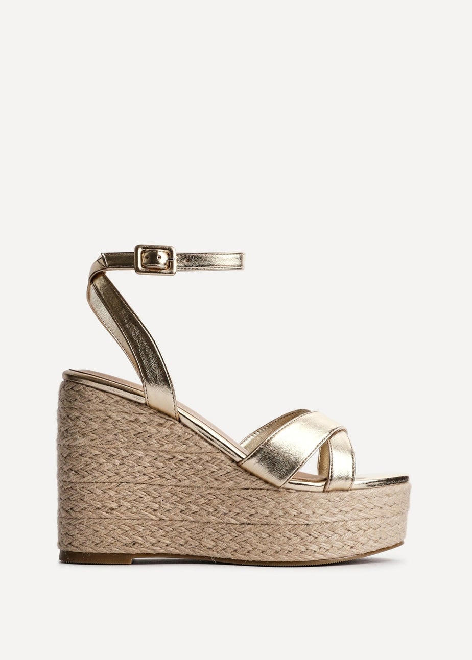 Linzi Tahiti Gold Faux Leather Crossover Espadrille Wedge