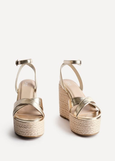 Linzi Tahiti Gold Faux Leather Crossover Espadrille Wedge