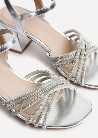 Linzi Gracie Silver Faux Leather Diamante Crossover Heeled Sandals