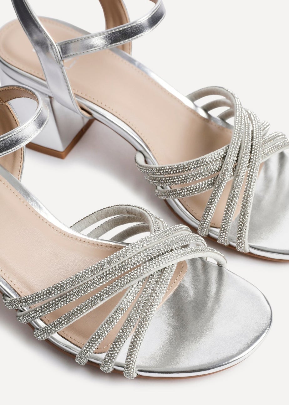 Linzi Gracie Silver Faux Leather Diamante Crossover Heeled Sandals