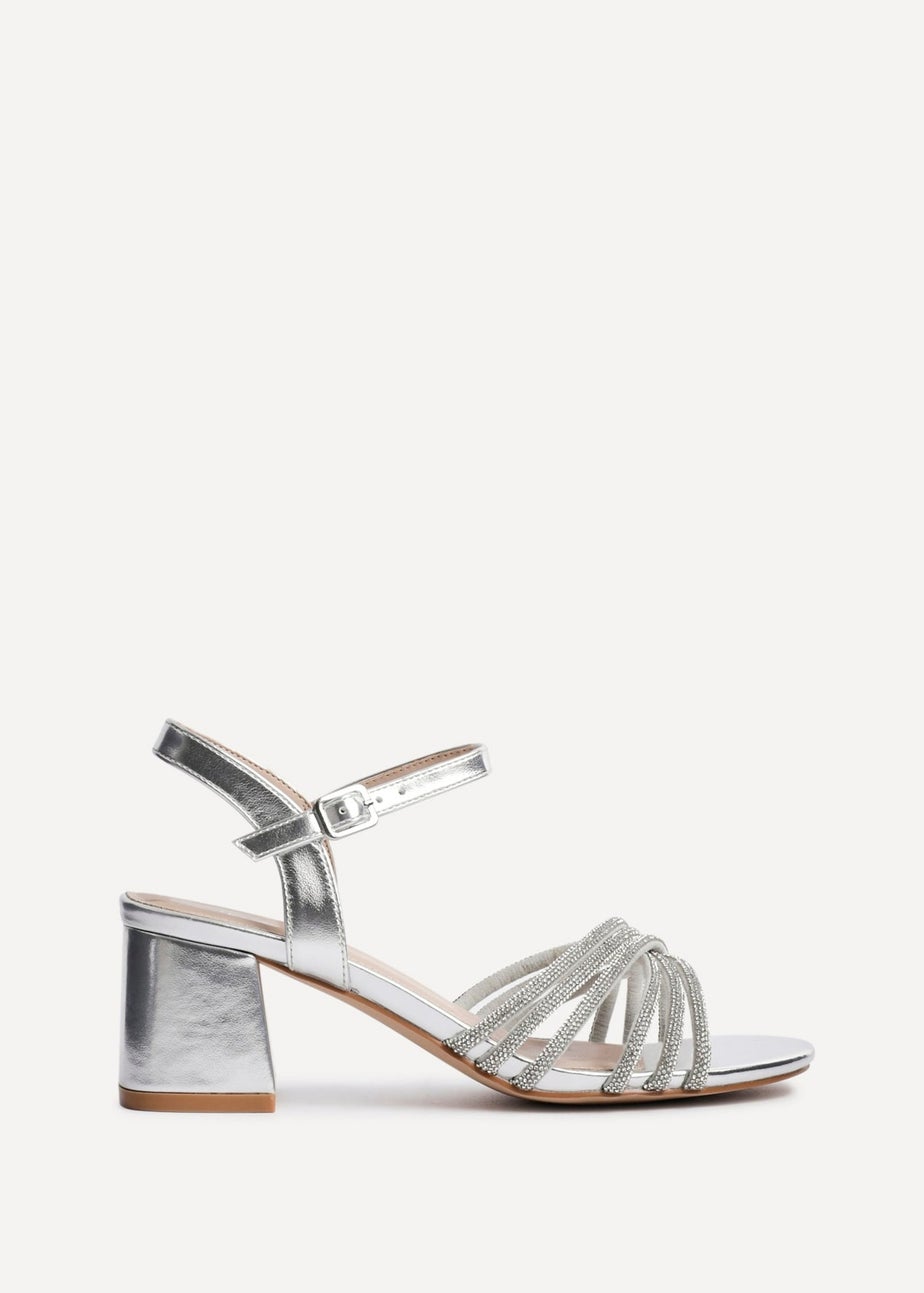 Linzi Gracie Silver Faux Leather Diamante Crossover Heeled Sandals
