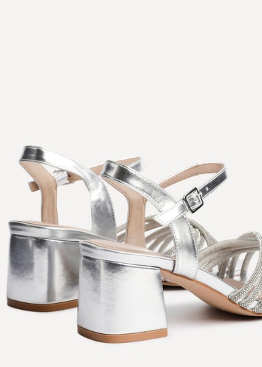Linzi Gracie Silver Faux Leather Diamante Crossover Heeled Sandals