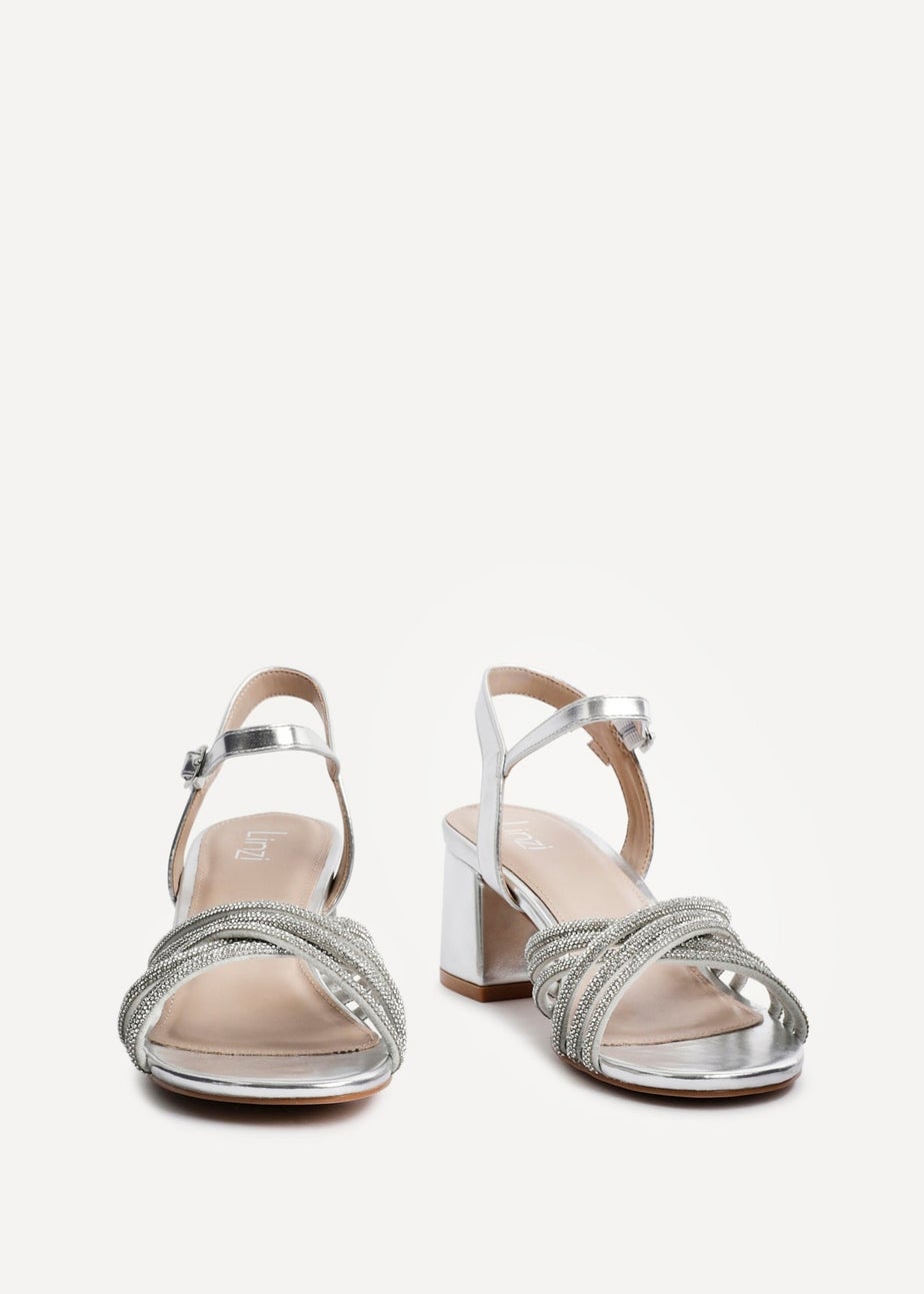 Linzi Gracie Silver Faux Leather Diamante Crossover Heeled Sandals
