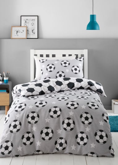 Catherine Lansfield Grey Brushed Cotton Football Stars Reversible Duvet Cover Set