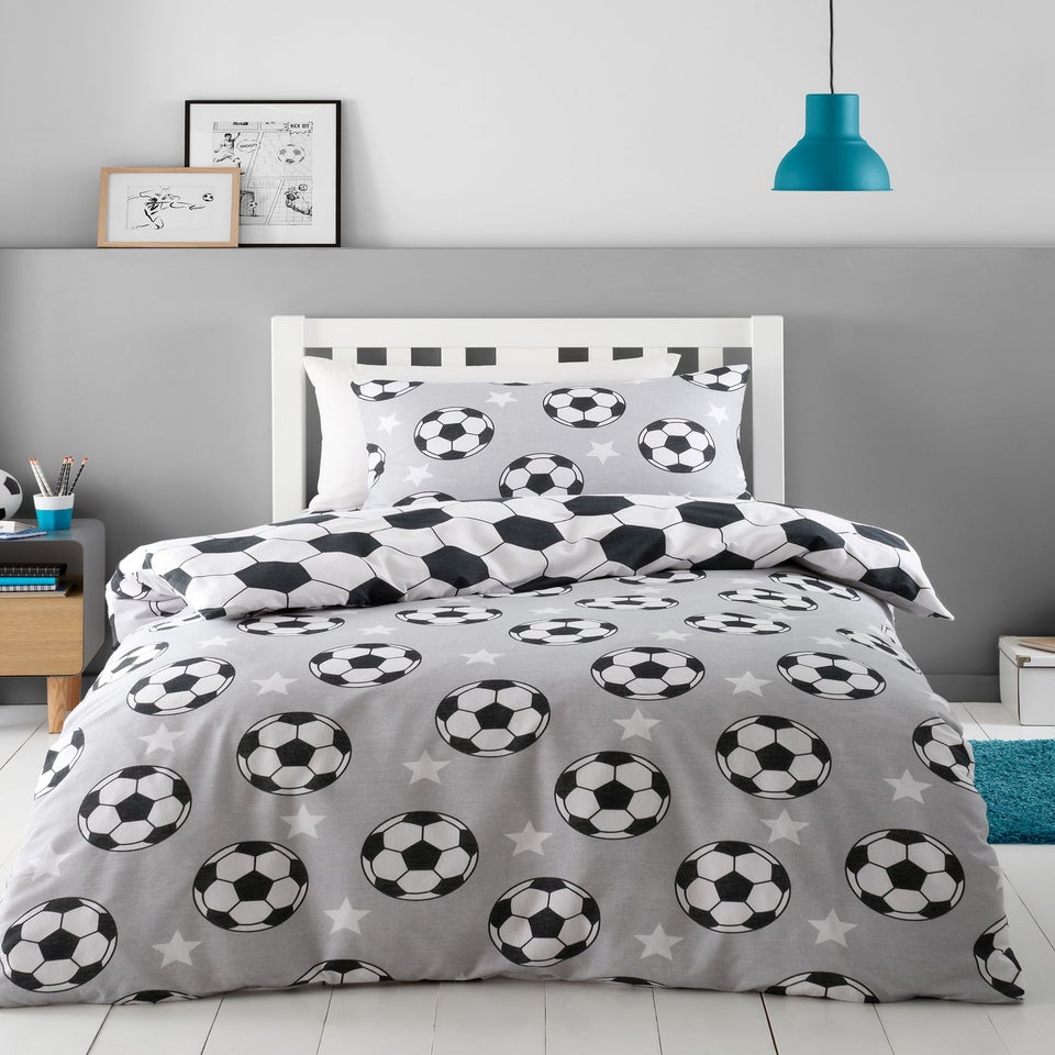 Catherine Lansfield Grey Brushed Cotton Football Stars Reversible Duvet Cover Set
