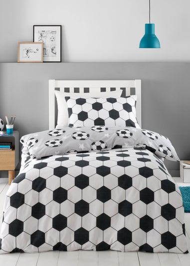 Catherine Lansfield Grey Brushed Cotton Football Stars Reversible Duvet Cover Set