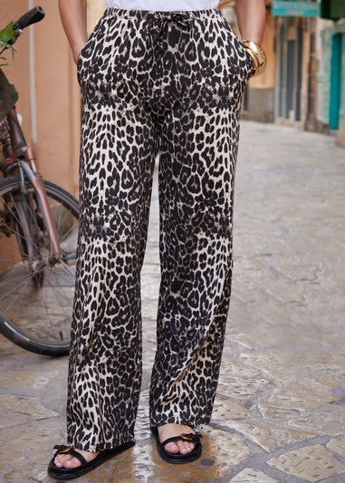 Threadbare Leopard Cotton Jersey Wide Leg Trousers