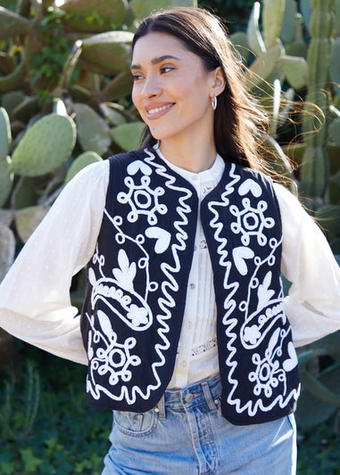 Threadbare Cream Cornelli Embroidered Gilet