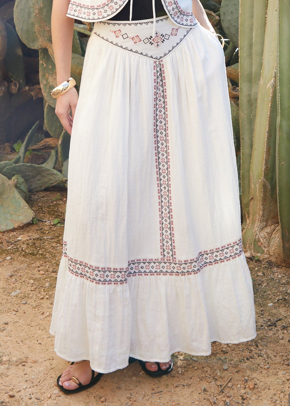 Threadbare Cream Embroidered Pull On Midi Skirt