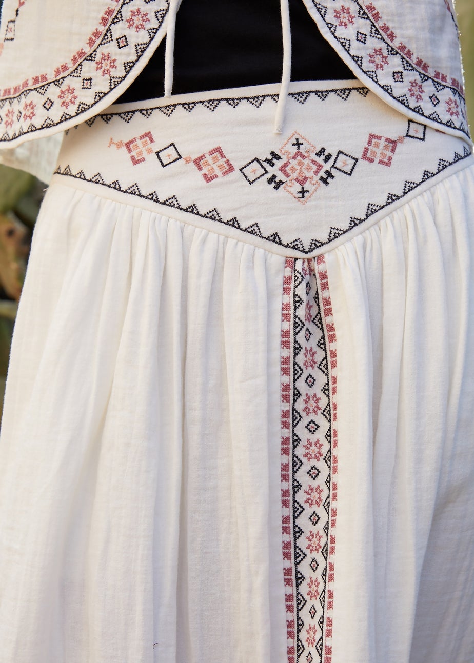 Threadbare Cream Embroidered Pull On Midi Skirt