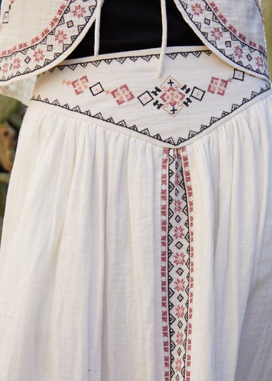 Threadbare Cream Embroidered Pull On Midi Skirt