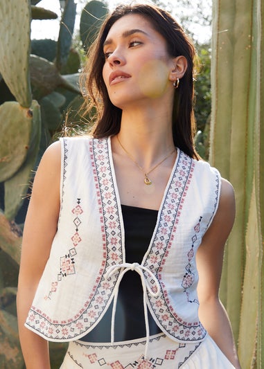Threadbare Cream Embroidered Tie Front Waistcoat