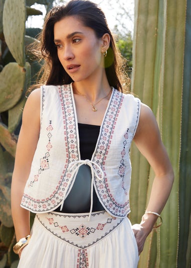 Threadbare Cream Embroidered Tie Front Waistcoat