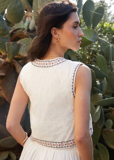 Threadbare Cream Embroidered Tie Front Waistcoat