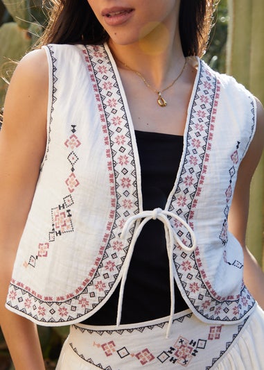Threadbare Cream Embroidered Tie Front Waistcoat