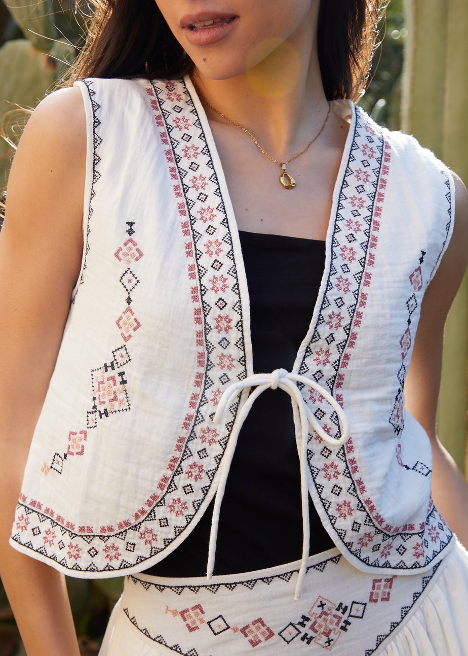 Threadbare Cream Embroidered Tie Front Waistcoat