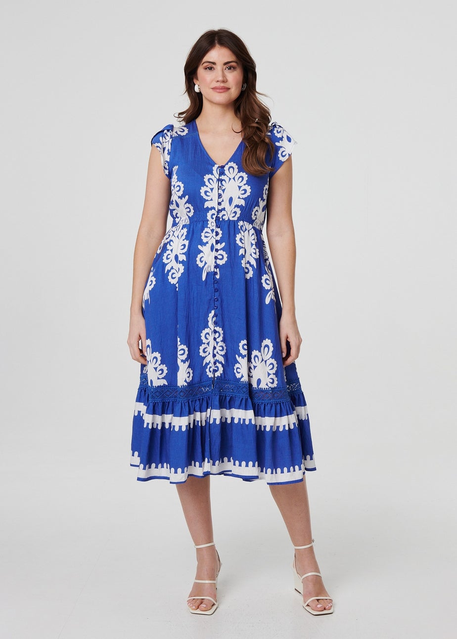 Izabel London Blue Ikat Print Cap Sleeve Lace Midi Dress