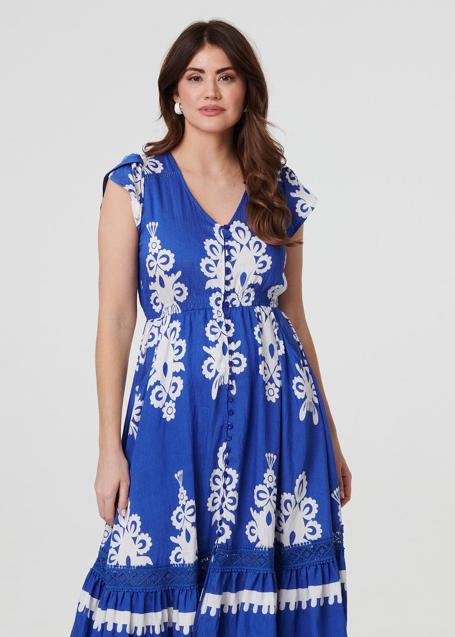 Izabel London Blue Ikat Print Cap Sleeve Lace Midi Dress