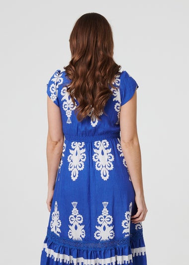 Izabel London Blue Ikat Print Cap Sleeve Lace Midi Dress