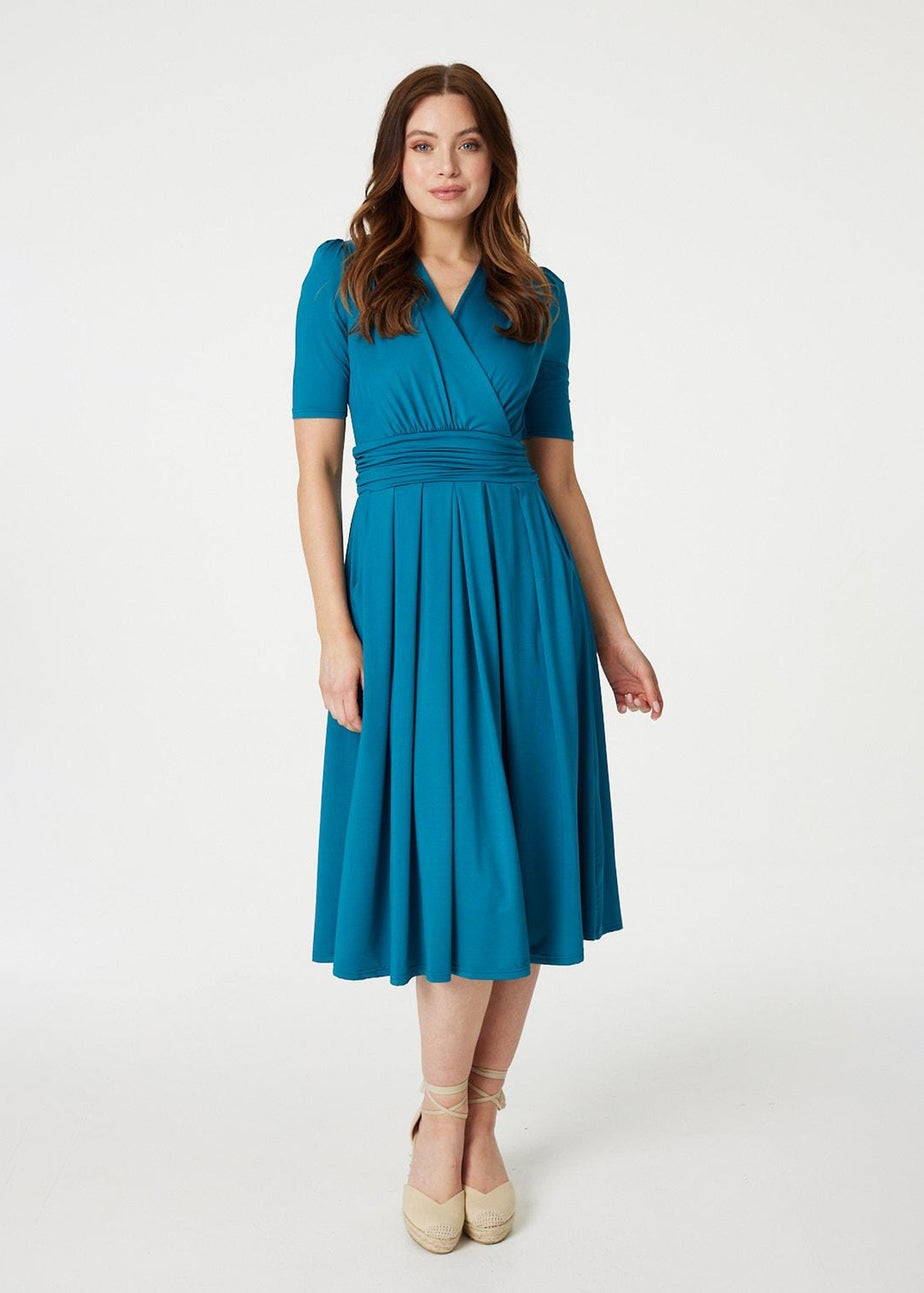 Izabel London Turquoise Ruched Waist Jersey Wrap Dress