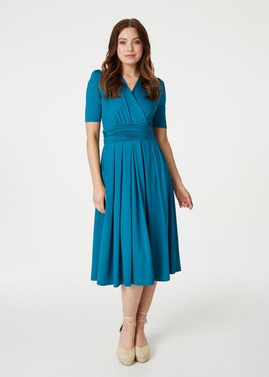 Izabel London Turquoise Ruched Waist Jersey Wrap Dress